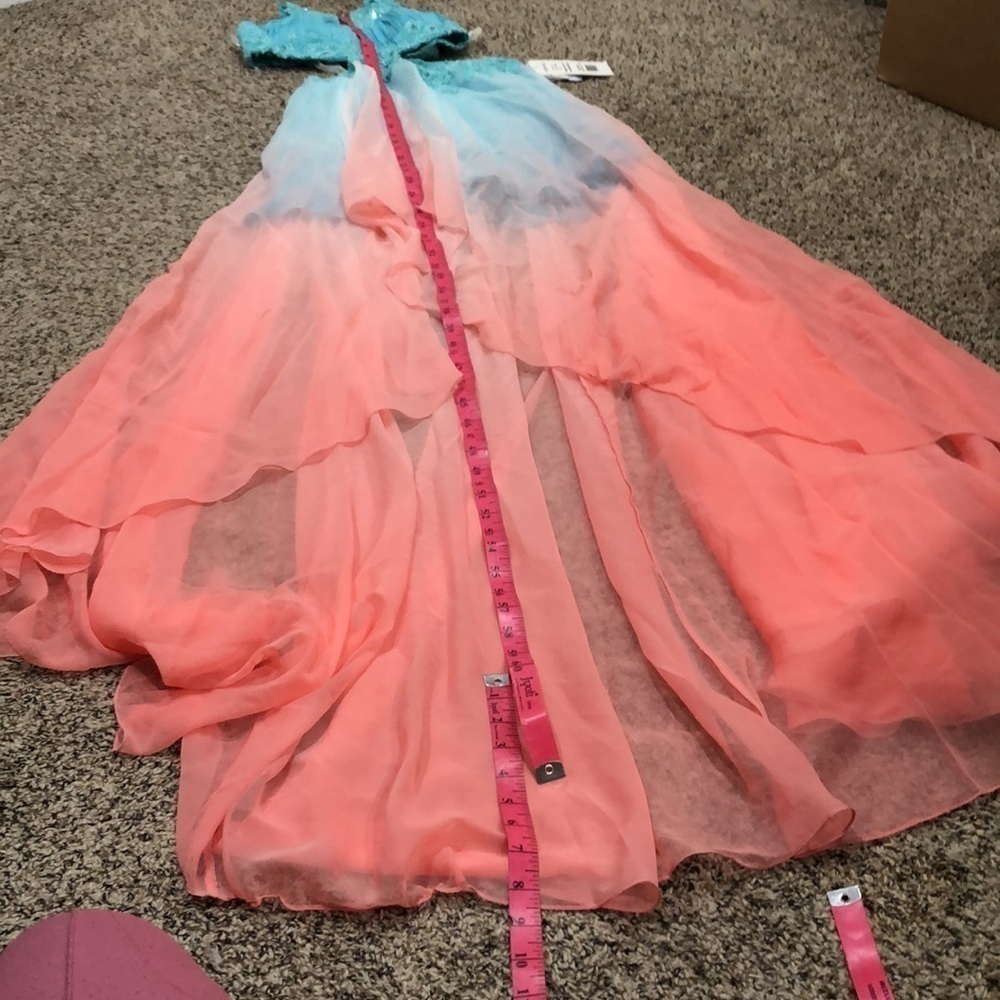 NWT Sherri Hill Dress Size 0 Pastel Blue Coral Orange Ombre Hi Low Cutout Gown - Picture 10 of 10